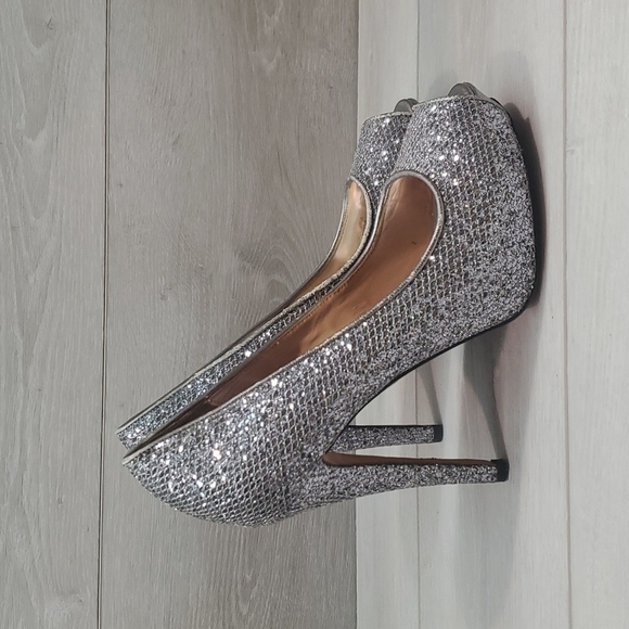 Badgley Mischka Womens Sparkly Glitter High Heels Open Toe shoes sz 7M - Picture 2 of 13